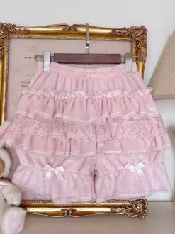 Short Lolita ample en dentelle à volants et pantalon Sweet Lolita rose