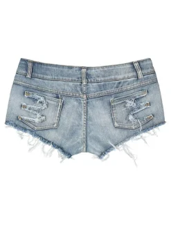 Shorts Courte en Denim Déchirés Femme Coupe Cintrée à Zip avec Bouton Unicolore Shorts Eté Sexy