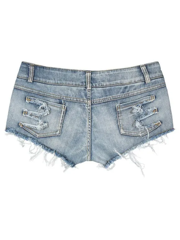 Shorts Courte en Denim Déchirés Femme Coupe Cintrée à Zip avec Bouton Unicolore Shorts Eté Sexy