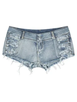 Shorts Courte en Denim Déchirés Femme Coupe Cintrée à Zip avec Bouton Unicolore Shorts Eté Sexy