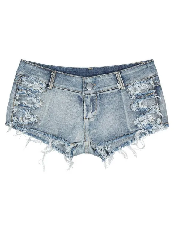 Shorts Courte en Denim Déchirés Femme Coupe Cintrée à Zip avec Bouton Unicolore Shorts Eté Sexy