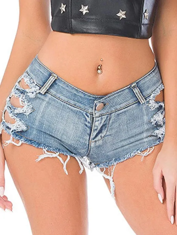 Shorts Courte en Denim Déchirés Femme Coupe Cintrée à Zip avec Bouton Unicolore Shorts Eté Sexy