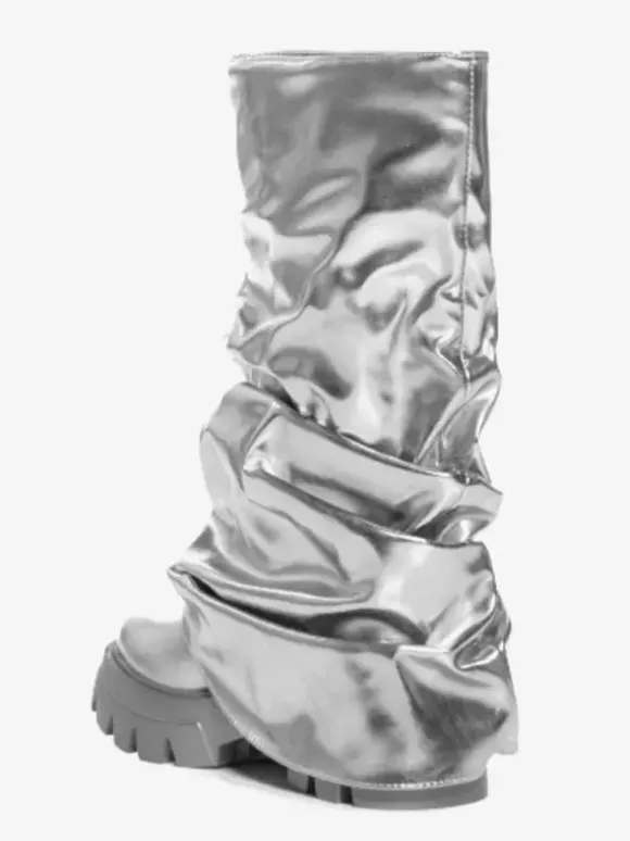 Silver Slouch Boots Bottillons plats à bout rond pour femmes