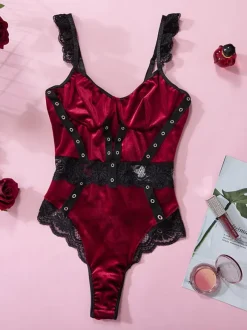 Sous-Vêtement Sexy En Velours À Épaule Ouverte En Dentelle Bordeaux Pour Lingerie Femme Soutien-Gorge