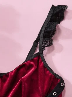 Sous-Vêtement Sexy En Velours À Épaule Ouverte En Dentelle Bordeaux Pour Lingerie Femme Soutien-Gorge