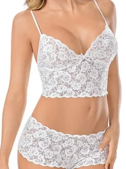 Sous-vêtements Deux Pièces en Dentelles Soutien-gorge Culottes avec Bretelles à Col Décolleté en V Creusants Transparentes Unicolore Sexy