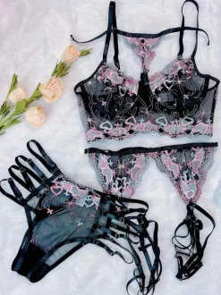 Soutien-Gorge Femme Sous-Vêtement Lingerie 3 Pièces Dentelle Bicolore Noir