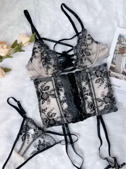 Soutien-Gorge Femme Sous-Vêtement Lingerie 3 Pièces Dentelle Bicolore Noir