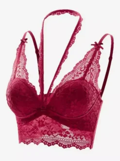 Soutien-gorge en dentelle à col halter brassière transparente avec décolleté en V profond et bordure festonnée