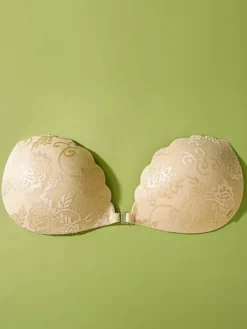 Soutien-gorge push-up adhésif en dentelle florale blanche nude avec cache-tétons et fermeture adhésive sur le devant