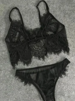 Soutiens-gorge & Culottes Ensemble 2 Pièces en Dentelles Femmes Transparentes Creusant avec Bretelles