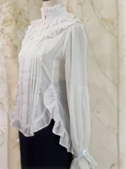 Steampunk Lolita Blouses Top Blanc Col Haut Dentelle Volant