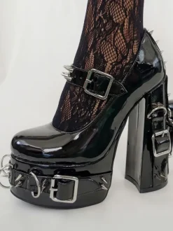 Style Punk Talons Hauts Noir Boucle Détail Rivets Talons Hauts