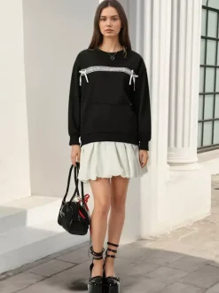 Sweat-shirt oversize à col rond et n艙ud en dentelle poche kangourou manches longues
