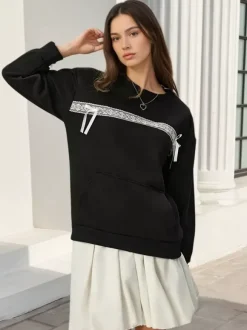Sweat-shirt oversize à col rond et n艙ud en dentelle poche kangourou manches longues