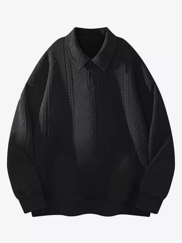 Sweat-shirt texturé pour homme col rabattu manches longues style polo rétro avec poignets et ourlet côtelés