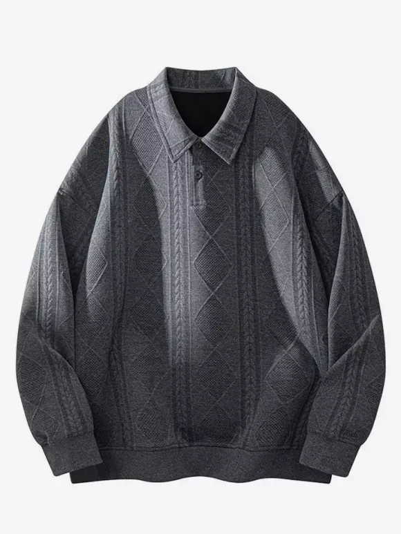 Sweat-shirt texturé pour homme col rabattu manches longues style polo rétro avec poignets et ourlet côtelés