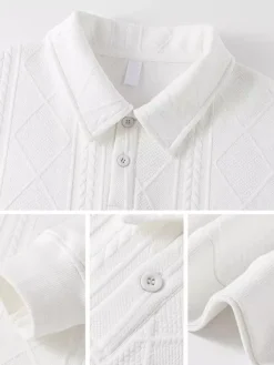 Sweat-shirt texturé pour homme col rabattu manches longues style polo rétro avec poignets et ourlet côtelés