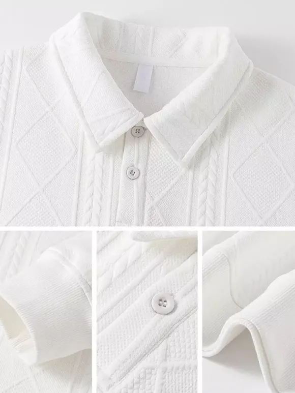 Sweat-shirt texturé pour homme col rabattu manches longues style polo rétro avec poignets et ourlet côtelés