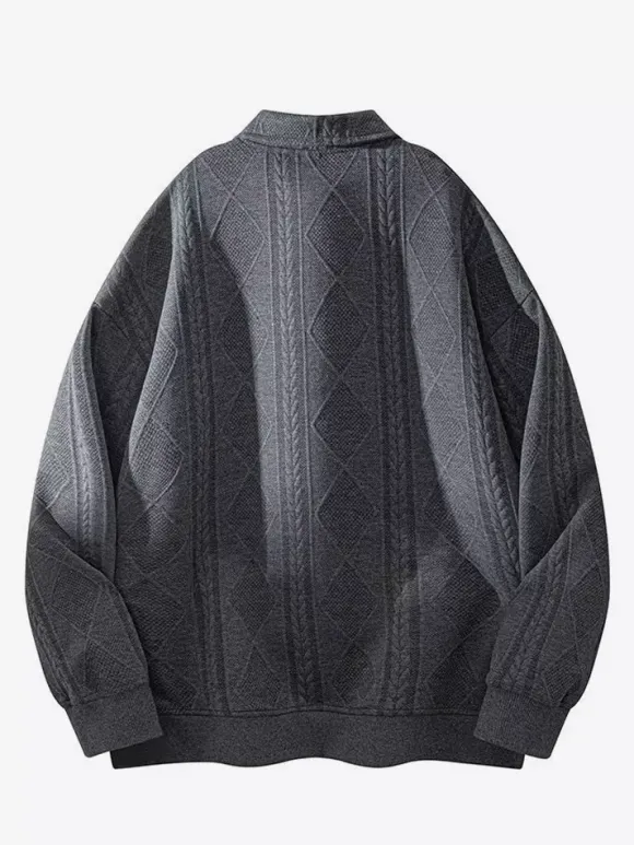 Sweat-shirt texturé pour homme col rabattu manches longues style polo rétro avec poignets et ourlet côtelés