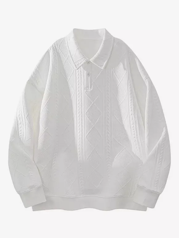 Sweat-shirt texturé pour homme col rabattu manches longues style polo rétro avec poignets et ourlet côtelés