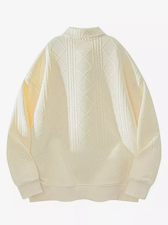 Sweat-shirt texturé pour homme col rabattu manches longues style polo rétro avec poignets et ourlet côtelés