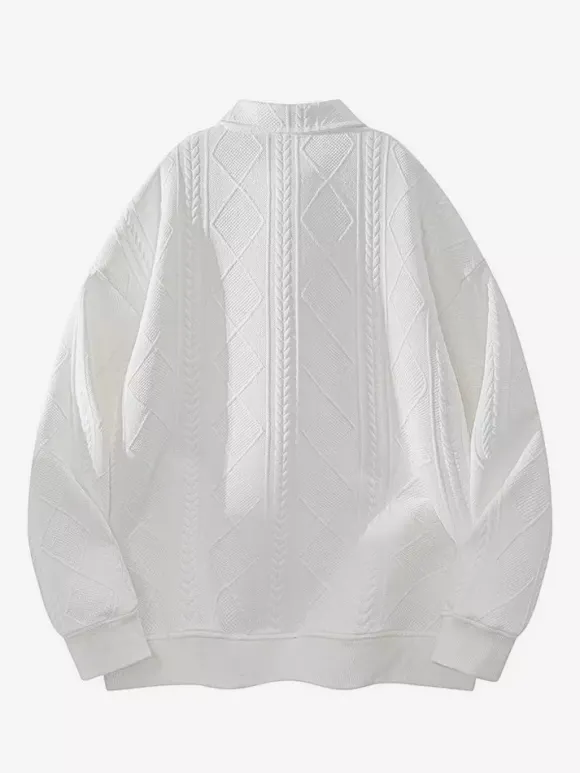 Sweat-shirt texturé pour homme col rabattu manches longues style polo rétro avec poignets et ourlet côtelés