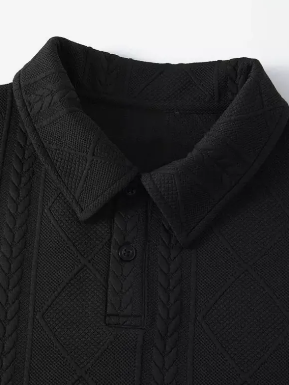 Sweat-shirt texturé pour homme col rabattu manches longues style polo rétro avec poignets et ourlet côtelés