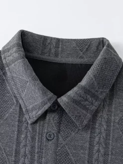 Sweat-shirt texturé pour homme col rabattu manches longues style polo rétro avec poignets et ourlet côtelés