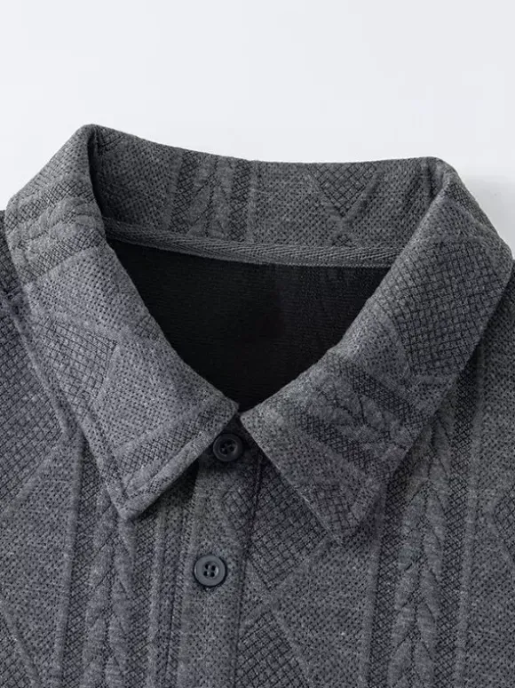 Sweat-shirt texturé pour homme col rabattu manches longues style polo rétro avec poignets et ourlet côtelés