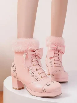Sweet Lolita Bottes N艙uds Fausse Fourrure Évider Talon Chunky Chaussures Lolita