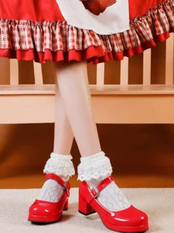 Sweet Lolita Chaussures Escarpins Lolita À Talon Épais En Cuir Pu Rouge Simple