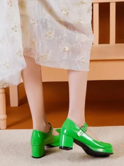 Sweet Lolita Chaussures Escarpins Lolita À Talon Épais En Cuir Pu Rouge Simple