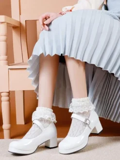 Sweet Lolita Chaussures Escarpins Lolita À Talon Épais En Cuir Pu Rouge Simple