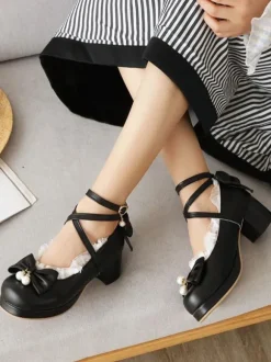 Sweet Lolita Footwear Bows Ruffles Synthétique Leather Chunky Heel Lolita Pumps Déguisements Halloween