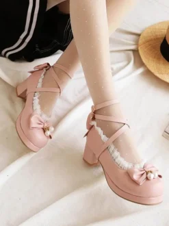 Sweet Lolita Footwear Bows Ruffles Synthétique Leather Chunky Heel Lolita Pumps Déguisements Halloween