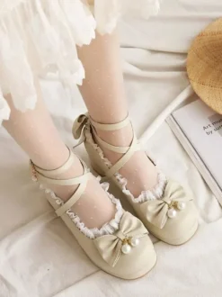 Sweet Lolita Footwear Bows Ruffles Synthétique Leather Chunky Heel Lolita Pumps Déguisements Halloween