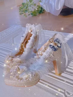 Sweet Lolita Footwear Champagne Perles N艙uds Dentelle PU Cuir Chunky Talon Escarpins Lolita