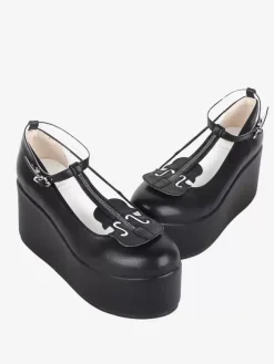 Sweet Lolita Footwear Chaussures Lolita noires à talons compensés en cuir PU avec sangle en T