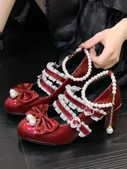 Sweet Lolita Footwear Chaînes noires Perles Volants Bout pointu Chaussures Lolita en cuir PU