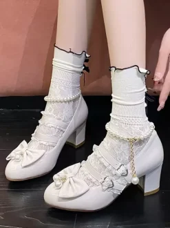 Sweet Lolita Footwear Chaînes noires Perles Volants Bout pointu Chaussures Lolita en cuir PU