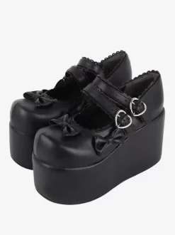 Sweet Lolita Footwear Escarpins Lolita en cuir PU à bout rond avec n艙uds blancs