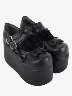 Sweet Lolita Footwear Escarpins Lolita en cuir PU à bout rond avec n艙uds blancs