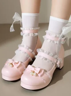 Sweet Lolita Footwear Escarpins Lolita en cuir PU à bout rond avec n艙uds roses