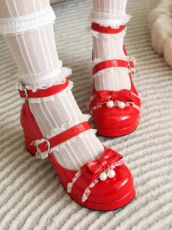 Sweet Lolita Footwear Escarpins Lolita en cuir PU à bout rond avec n艙uds roses