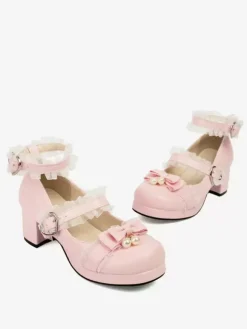Sweet Lolita Footwear Escarpins Lolita en cuir PU à bout rond avec n艙uds roses