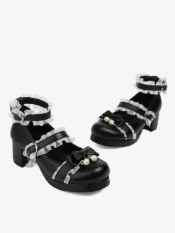 Sweet Lolita Footwear Escarpins Lolita en cuir PU à bout rond avec n艙uds roses