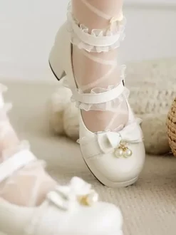 Sweet Lolita Footwear Escarpins Lolita en cuir PU à bout rond avec n艙uds roses