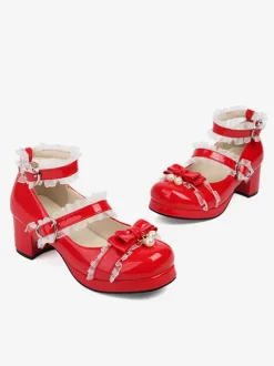 Sweet Lolita Footwear Escarpins Lolita en cuir PU à bout rond avec n艙uds roses