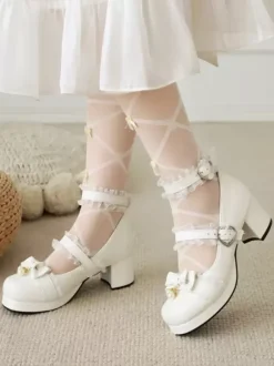 Sweet Lolita Footwear Escarpins Lolita en cuir PU à bout rond avec n艙uds roses